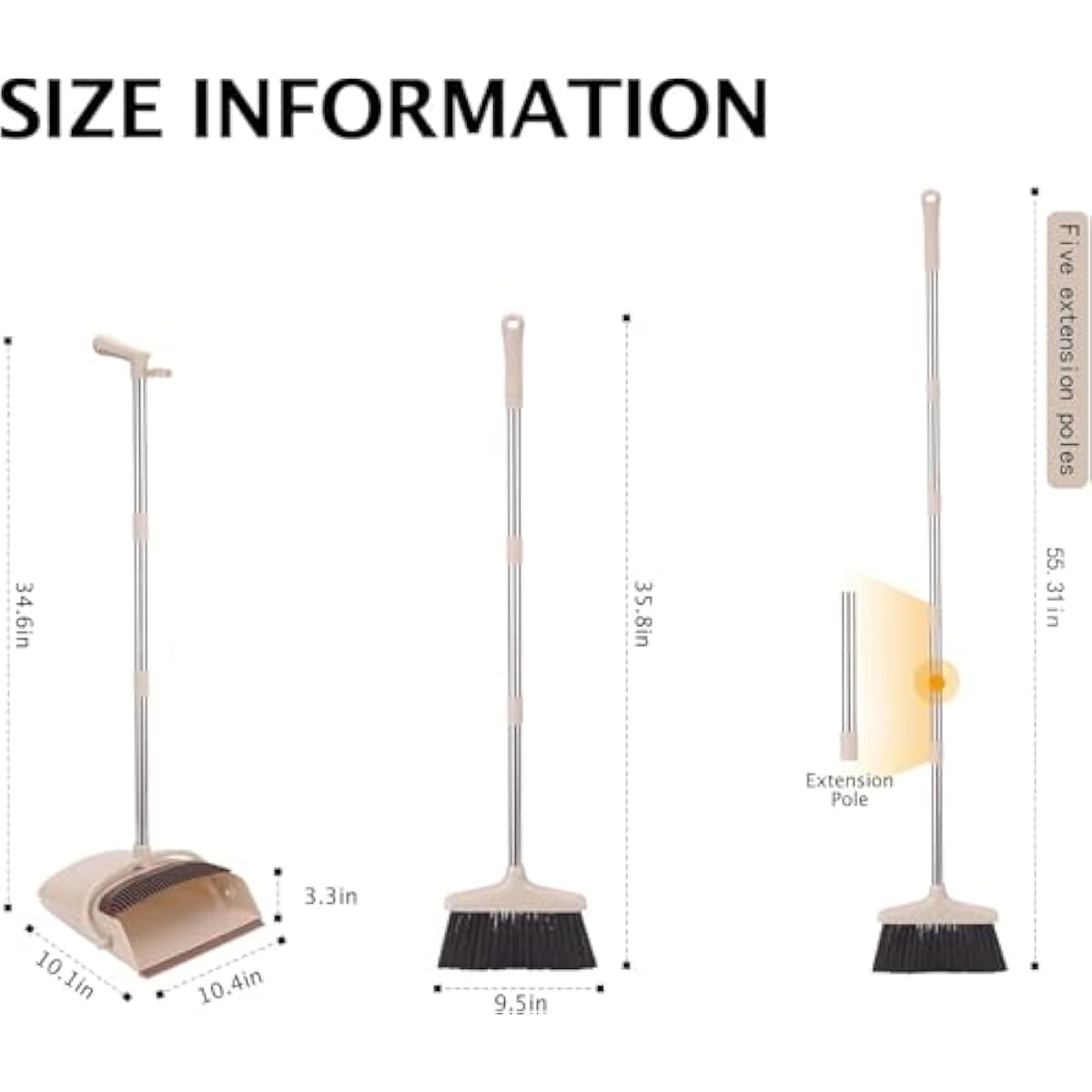 Broom and Dustpan Set with Long Handle, Light Weight Stainless Steel Poles Stand Upright Dustpans with Broom Combo for Home Kitchen Office Pet Dog Hair, Brown & Beige Color, 1-Pack