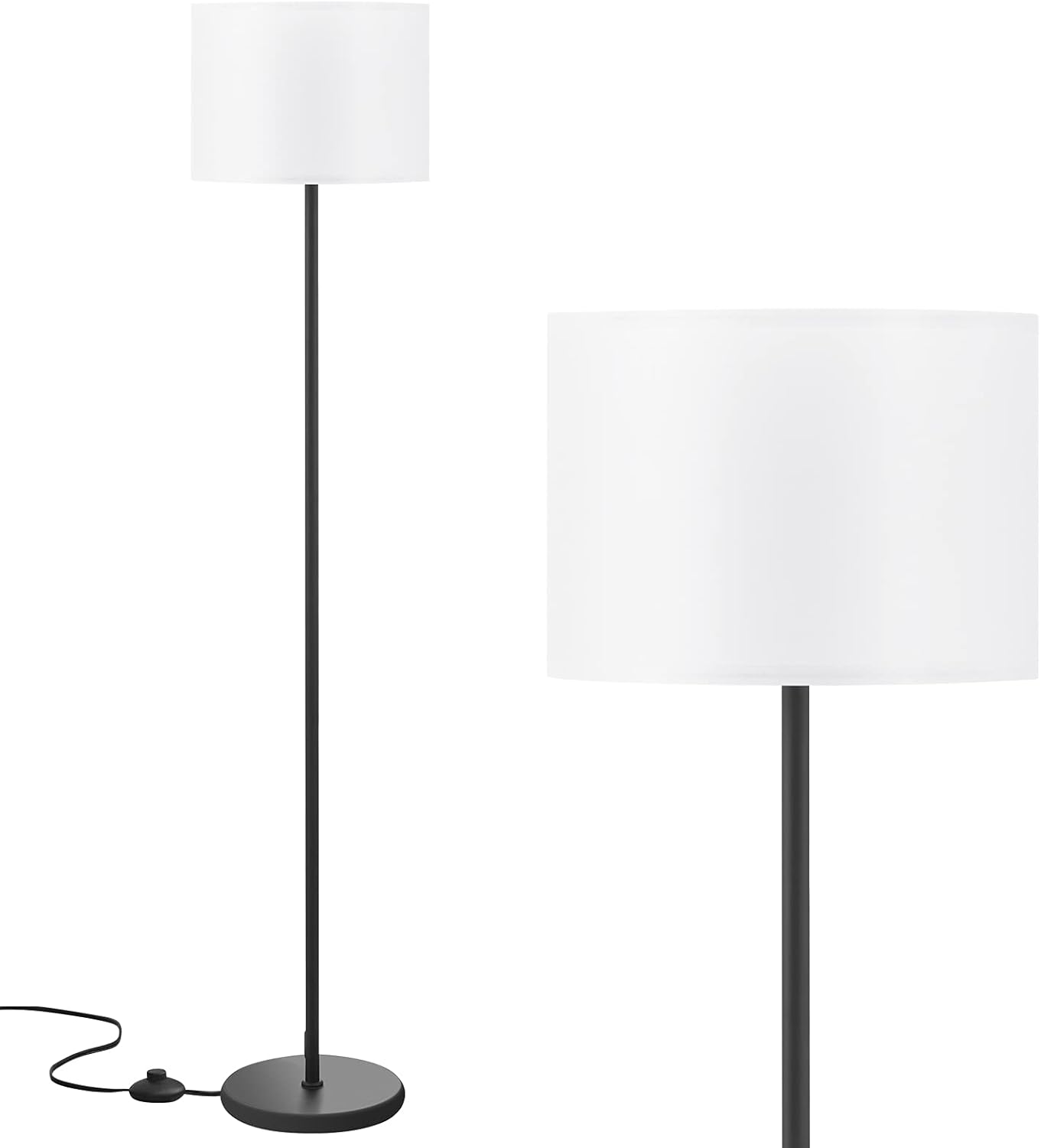 Modern Floor Lamp SimTLe Design with White Shade, Foot Pedal Switch, 60" Small Tall Lamps for Living Room Bedroom Office Dining Room Kitchen, Black Pole Lamp(Without Bulb)
