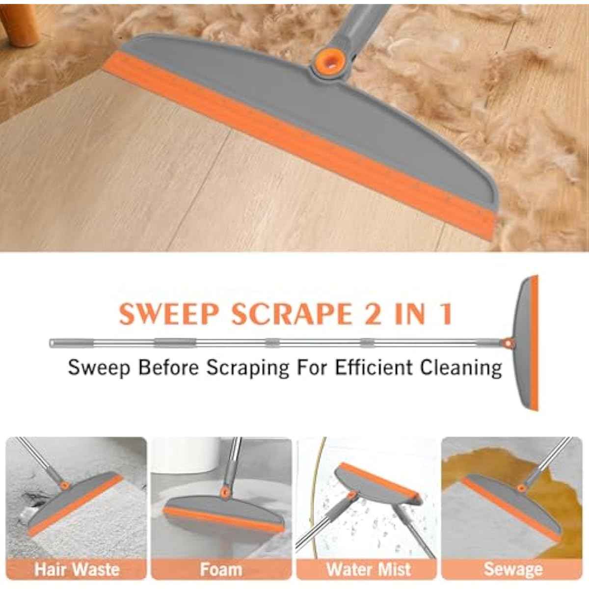 Multifunction Magic Broom, 54 Inch Adjustable Long Handle Silicone Floor Squeegee Broom, Sweep and Scrape 2 In 1 Household Cleaning Brooms for Floor, Bathrooms, Kitchens, Showers, Tile, Pet Hair,Glass