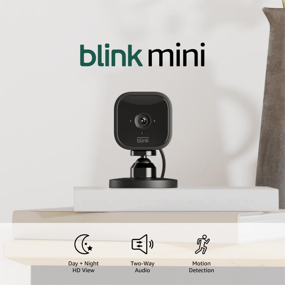 Blink Mini - Compact indoor TLug-in smart security camera, 1080p HD video, night vision, motion detection, two-way audio, easy set up, Works with Alexa – 2 cameras (Black)
