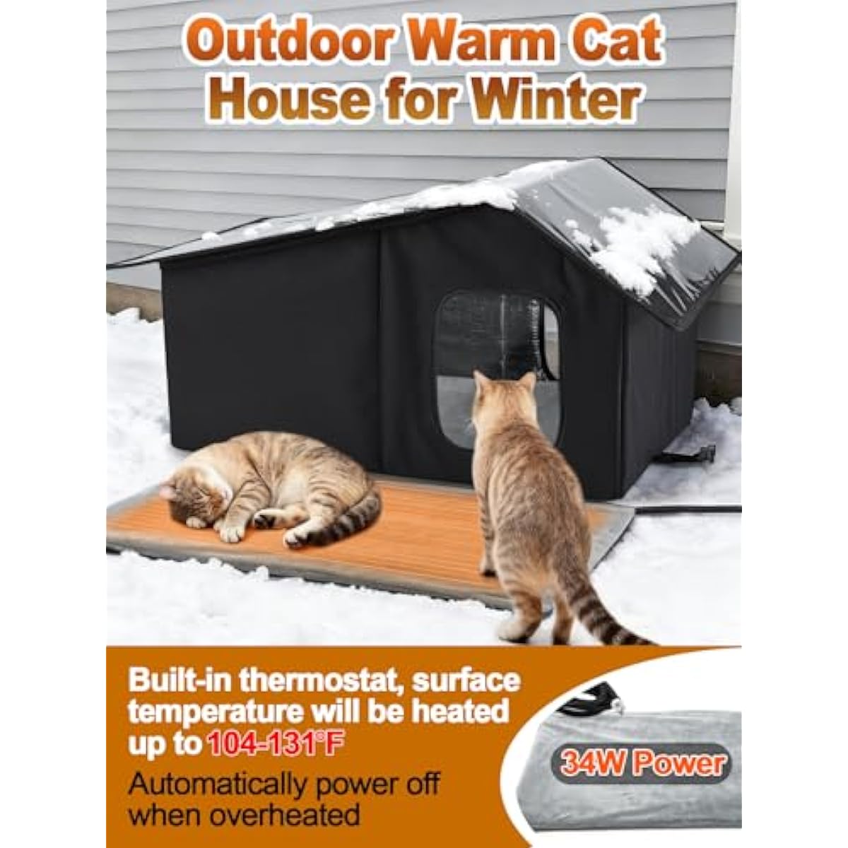 Black weatherproof heated cat house for 2-3 feral cats with thermostatic heating pad and escape door