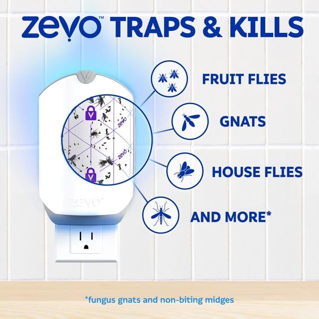 Zevo 2 Flying Insect Traps & 2 Refill Cartridges - TLug in Fly Trap & Indoor Bug Catcher for Gnats, House & Fruit Flies - Blue & UV Light Technology, Mess-Free Alternative to Bug Zapper