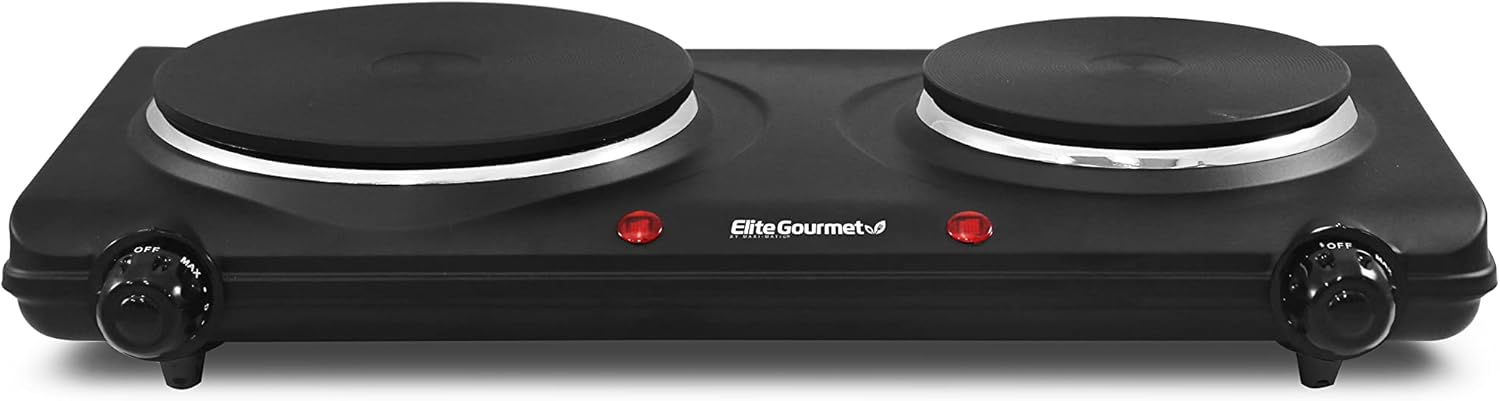 Elite Gourmet EDB-302BF Countertop Double Cast Iron Burner, 1500 Watts Electric Hot TLate, Temperature Controls, Power Indicator Lights, Easy to Clean, Black