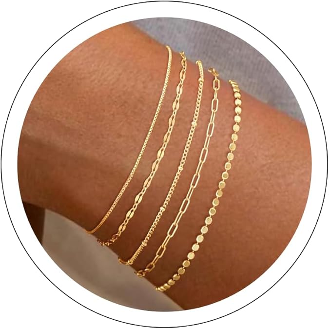 MBW Gold Bracelets for Women Trendy, Dainty 14K Gold Plated Bracelet Stack Beaded Chain Bracelet Set Thin Small Cute Paperclip Bracelets Fashion Waterproof Jewelry Gift Gold Accessories for Women