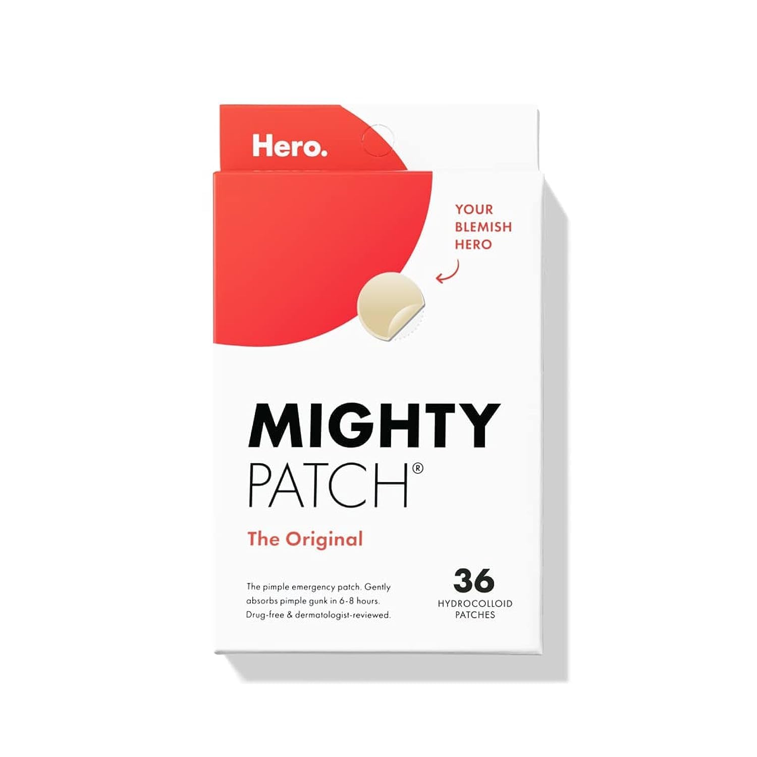 Mighty Patch Original Patch from Hero Cosmetics - #1 Hydrocolloid Acne PimTLe Patches for Face, Shrinking Zits & Whiteheads in 1 Use, Nighttime Spot PimTLe Stickers for Face, 36 Count