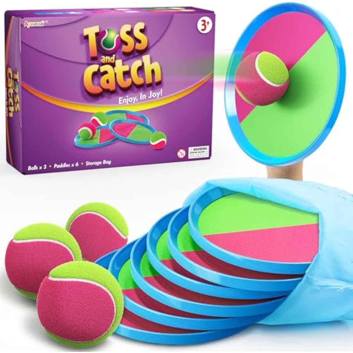 Aywewii Toss and Catch Ball Set, Boys Toys for 3 4 5 6 7 8 Year Old, Kids Sports Gifts, Outdoor Games for Backyard Camping Beach Pool Family Party, Valentines Day Gifts for Kids - 6 Paddles & 3 Balls