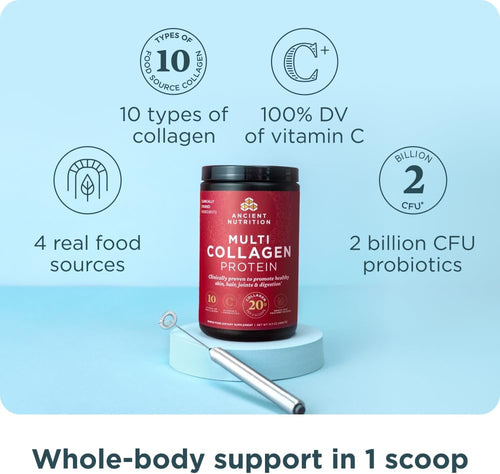 Ancient Nutrition Collagen Powder Protein with Probiotics, Unflavored Multi Collagen Protein with Vitamin C, 45 Servings, Hydrolyzed Collagen Peptides Supports Skin and Nails, Gut Health, 16oz