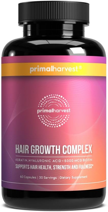 Primal Harvest Hair Growth Vitamins, Hair Growth for Women & Men - 60 Hair Growth Pills, Natural Hair Thickening Products for w/Biotin & Zinc - Hair SupTLement, Regrowth Hair Vitamins