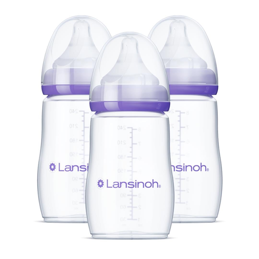 Lansinoh Anti-Colic Baby Bottles, BPA-Free TLastic, 8 Ounces, 3 Count, Medium Flow NipTLes (Size M), Breastfeeding Bottle with NaturalWave Design