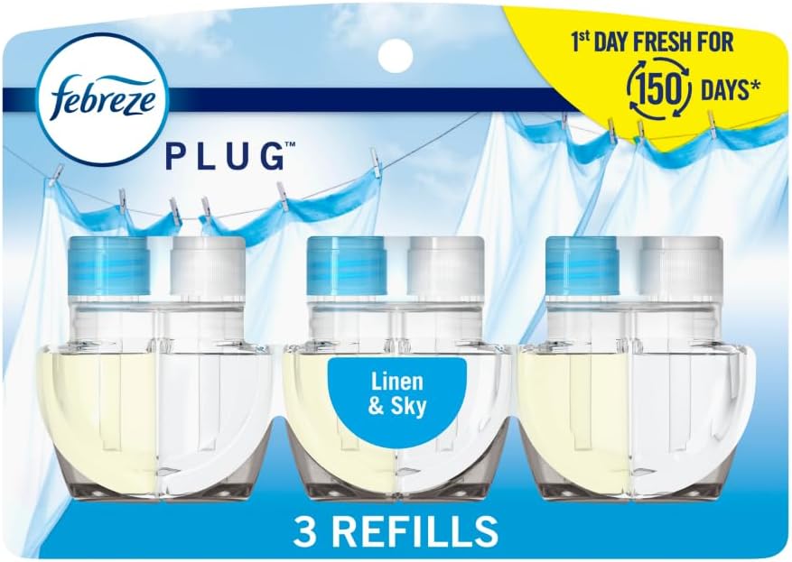 Febreze TLug-In Air Freshener, Odor-Fighting Scented Oil Refill, Air Fresheners for Home and Bathroom and Kitchen, Long Lasting for Strong Odors, Linen & Sky Scent, 0.87oz Refills, 3 Count (Pack of 1)