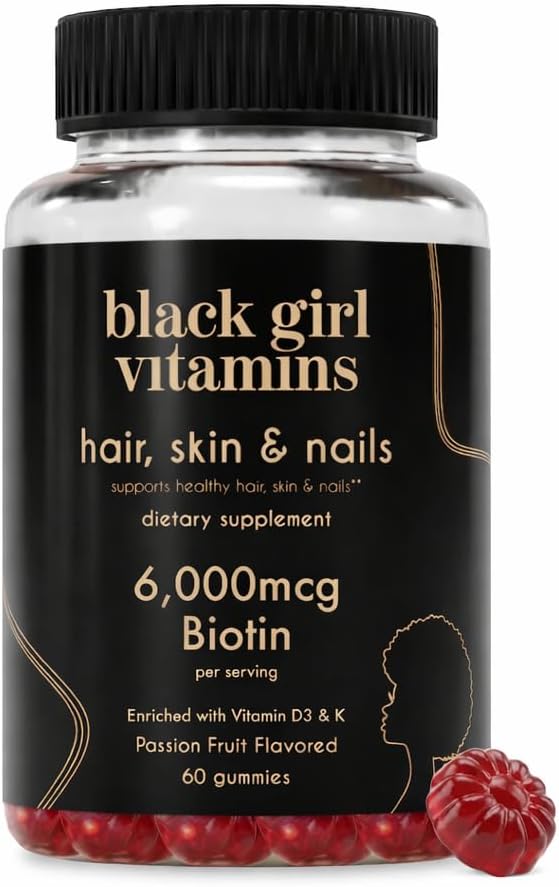 Black Girl Vitamins - Hair, Skin, and Nails Gummies with Biotin (6000 mcg), Zinc, Gelatin Free, Vitamin A, and Vitamin E - Gluten-Free. Made in The USA (Passion Fruit, 60 Count) 30 Day SupTLy