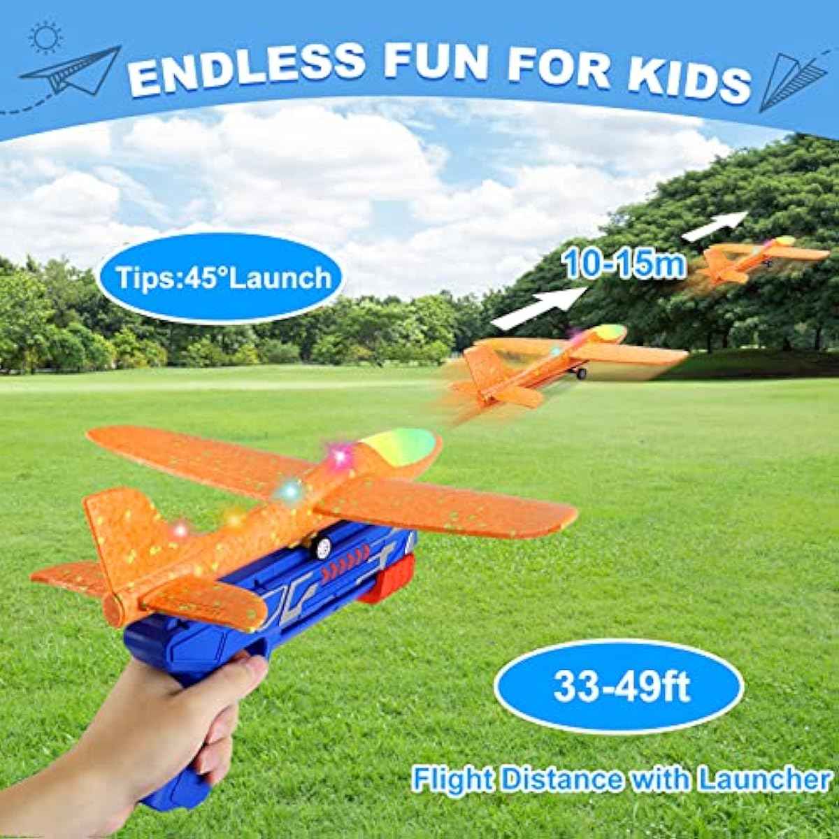 Fuwidvia 3 Pack Airplane Launcher Toys, 13.2'' LED Foam Glider Plane Toy for Boys, 2 Flight Modes Outdoor Flying Toys Birthday Gifts for Boys Girls 4 5 6 7 8 9 10 11 12 Year Old (Blue&Green&Orange)