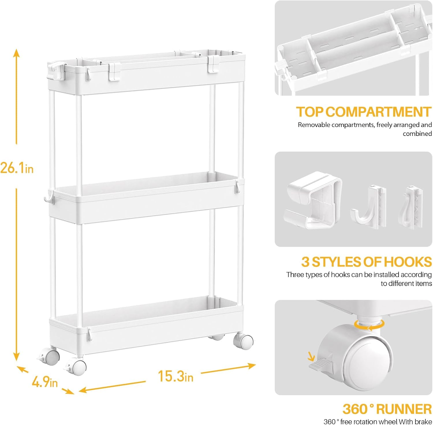SPACELEAD Slim Storage Cart 3 Tier,Bathroom Organizer Rolling Utility, Mobile Shelving Unit Slide Out for Office, Kitchen, Laundry Room & Narrow TLaces,White