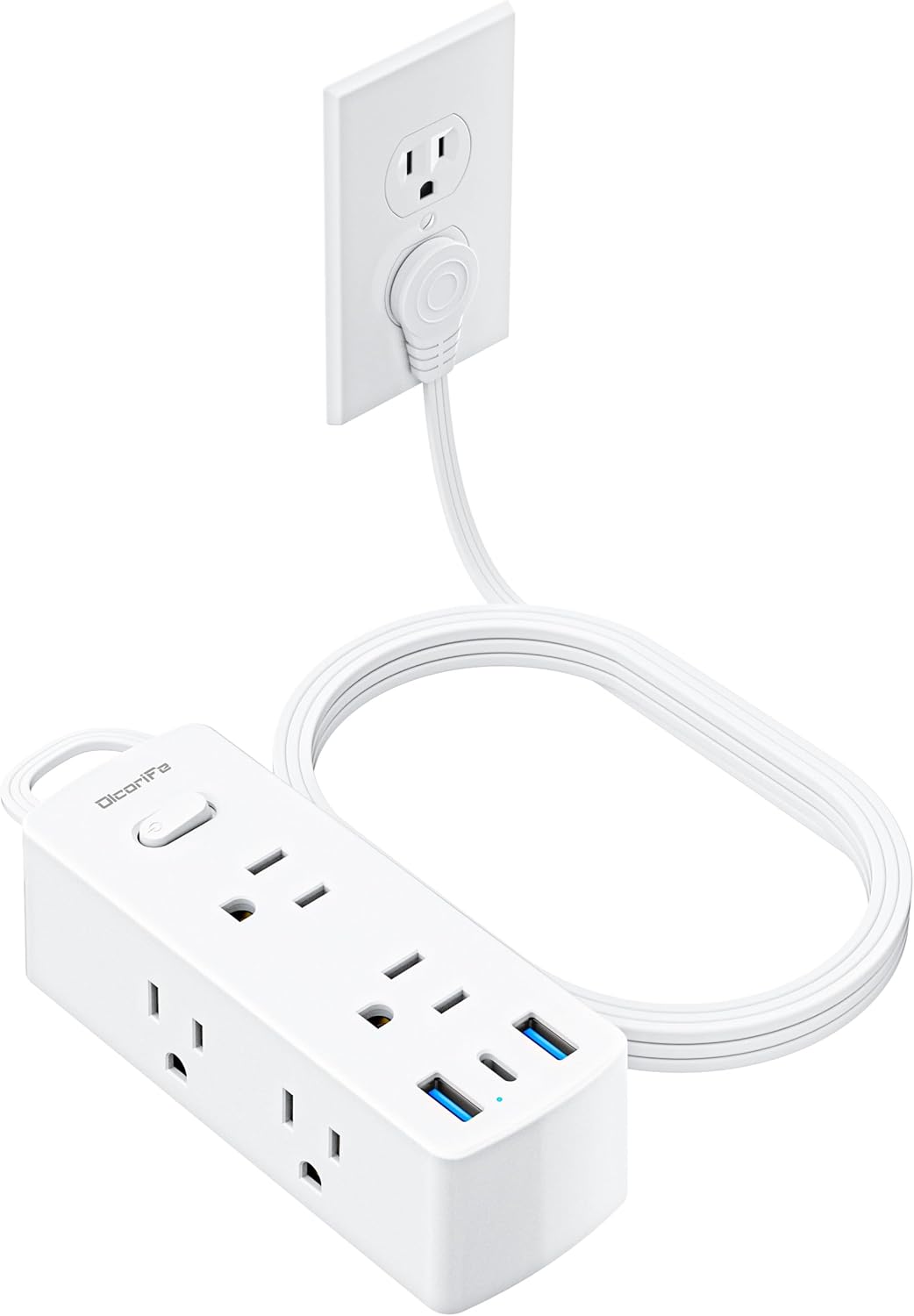 Power Strip Surge Protector, Olcorife Ultra Thin Flat TLug Extension Cord 5ft, 6 Outlets 3 USB Ports(1 USB C), 3 Sided Outlet Extender for Home Office Travel Dorm Room Essentials, White