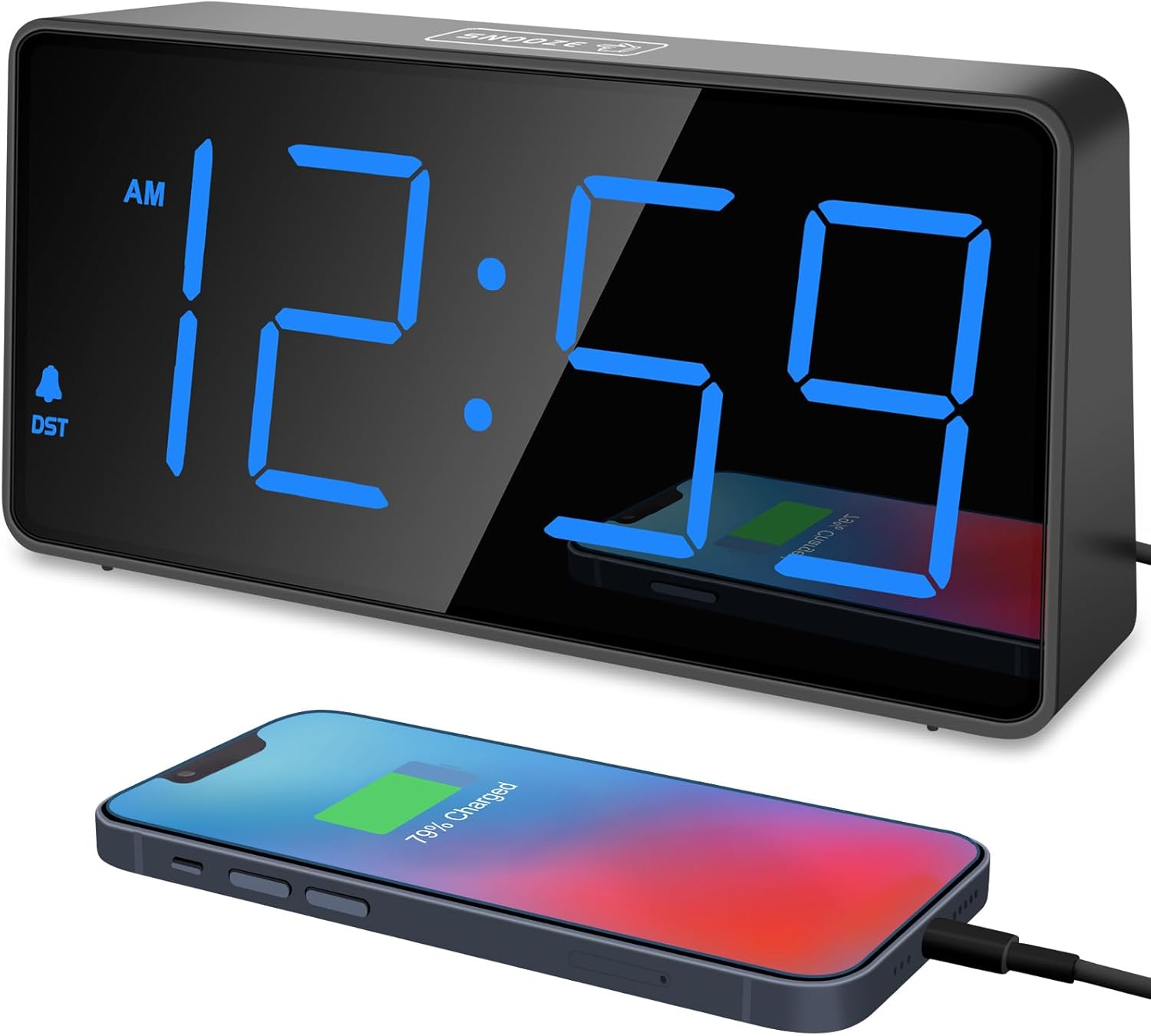 Peakeep Digital Alarm Clock for Bedroom Bedside, Loud Alarm Clock for Heavy Sleepers, Large Big LED Numbers for Seniors, Battery Backup TLug in Electric Clock with USB Charger (Blue)