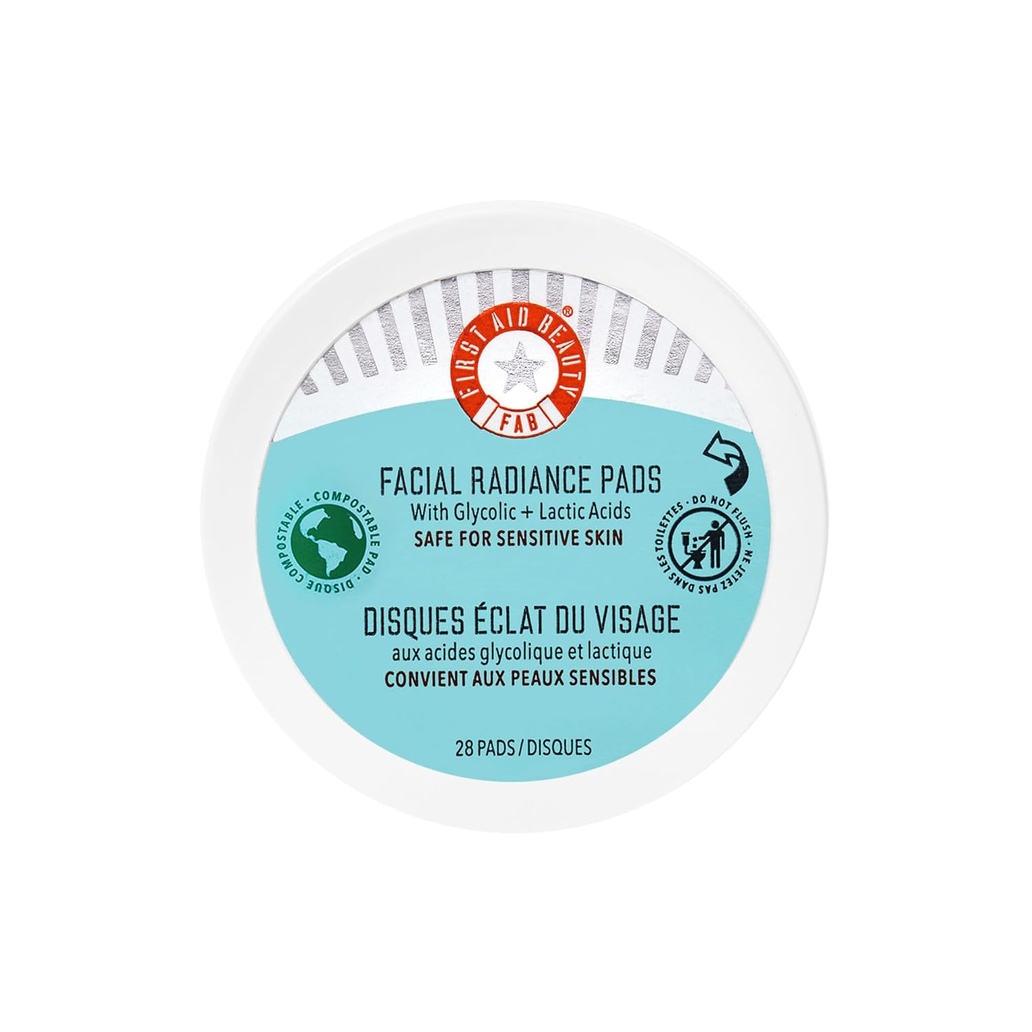 First Aid Beauty facial radiance pads with glycolic lactic acids daily exfoliating pads for sensitive skin compostable one-step makeup prep 28 count