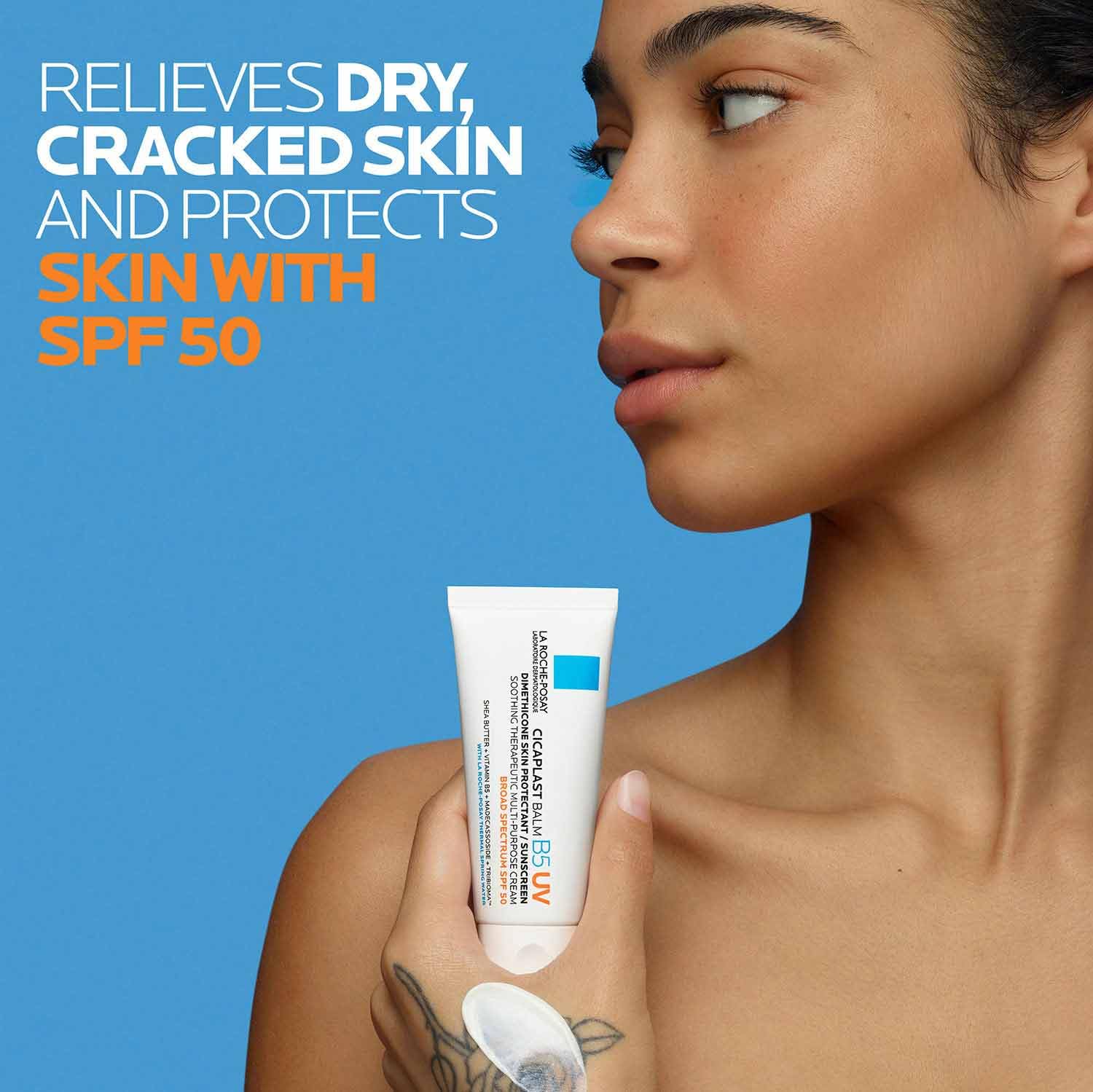 La Roche-Posay CicaTLast Balm B5 UV SPF 50, Vitamin B5 + Shea Butter + Tribioma + Madecassoside + Zinc Oxide Sunscreen, Post Treatment Skin Protectant With SPF, Multi-Purpose Cream For Dry Skin