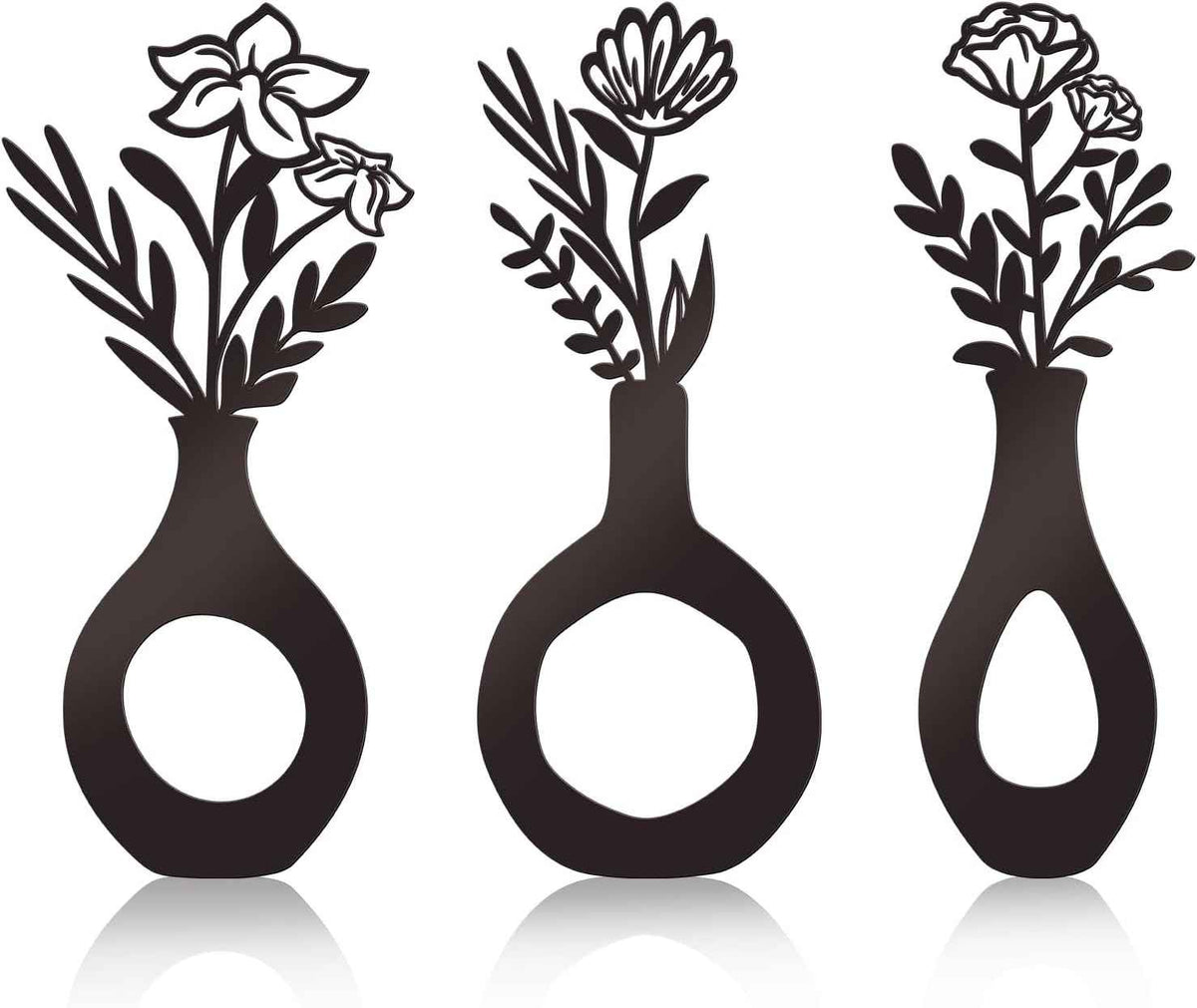 3 Pcs Black Flowers and Vases Decor Metal Flower Wall Decoration Metal Vase Wall Art Floral Home Decor Minimalist Art for Home Living Room Bathroom Dining Room (Modern)