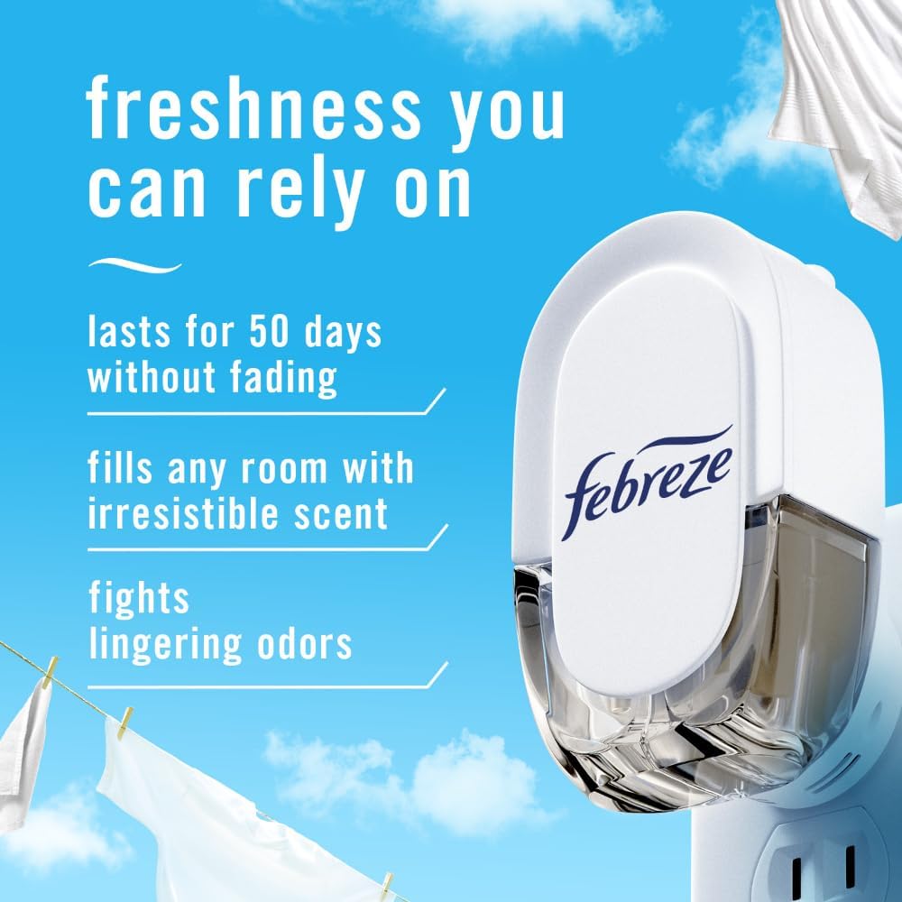 Febreze TLug-In Air Freshener, Odor-Fighting Scented Oil Refill, Air Fresheners for Home and Bathroom and Kitchen, Long Lasting for Strong Odors, Linen & Sky Scent, 0.87oz Refills, 3 Count (Pack of 1)