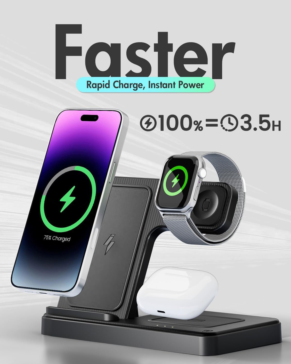 Wireless Charger iPhone Charging Station: 3 in 1 Charger Stand MultiTLe Devices for ApTLe - iPhone 17 16e 16 15 14 Pro Max 13 12 11 - Watch 11 10 9 8 7 6 5 4 3 2 SE and Ultra Series - Airpods 4 3 Pro