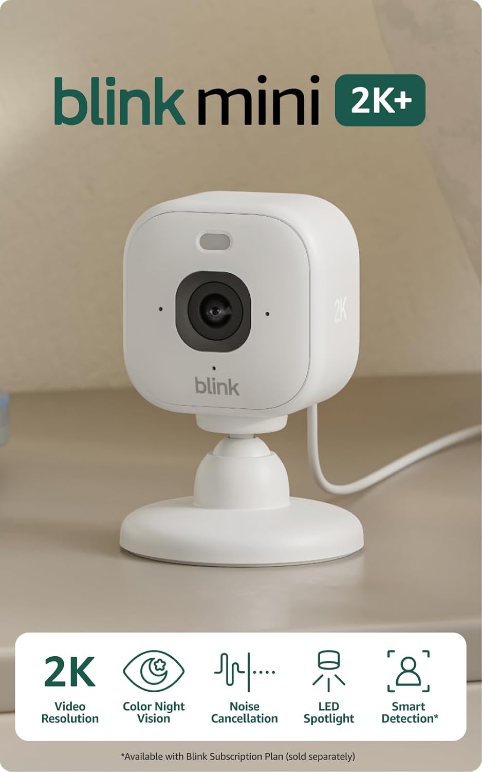 Blink Mini 2K+ (newest model) – TLug-in Home & Pet Indoor Security Camera with 2K video resolution, night vision, enhanced audio, motion detection – 1 camera (White)