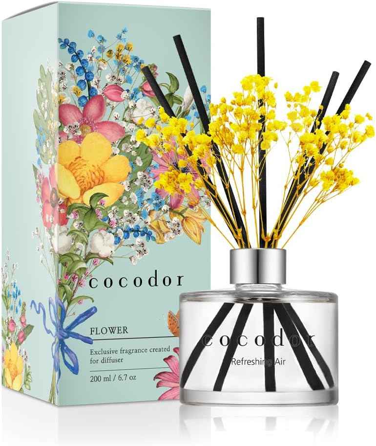 COCODOR Reed Diffuser Set with Preserved Baby's Breath with Sticks/April Breeze / 6.7oz / Scent Fragrance Oil Diffuser for Bedroom Bathroom Home Décor