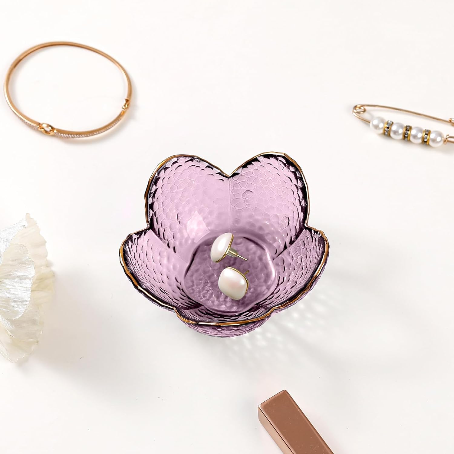PurTLe Flower Jewelry Dish Glass Ring Holder Dish Jewelry Tray Cute Vanity Organizer Aesthetic Nightstand Bathroom Room Decor Trinket Dish Mothers Day Friendship Christmas Birthday Gifts for Women