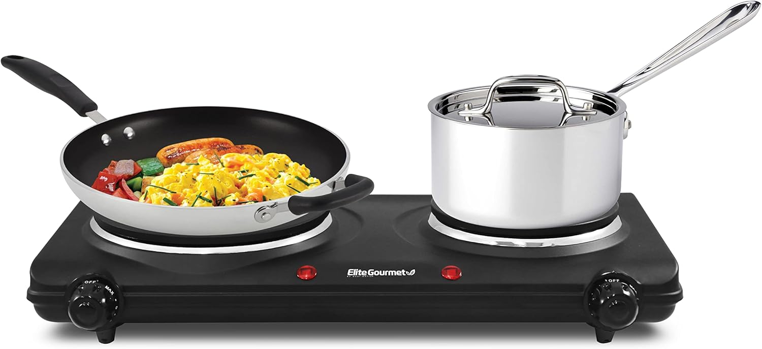 Elite Gourmet EDB-302BF Countertop Double Cast Iron Burner, 1500 Watts Electric Hot TLate, Temperature Controls, Power Indicator Lights, Easy to Clean, Black