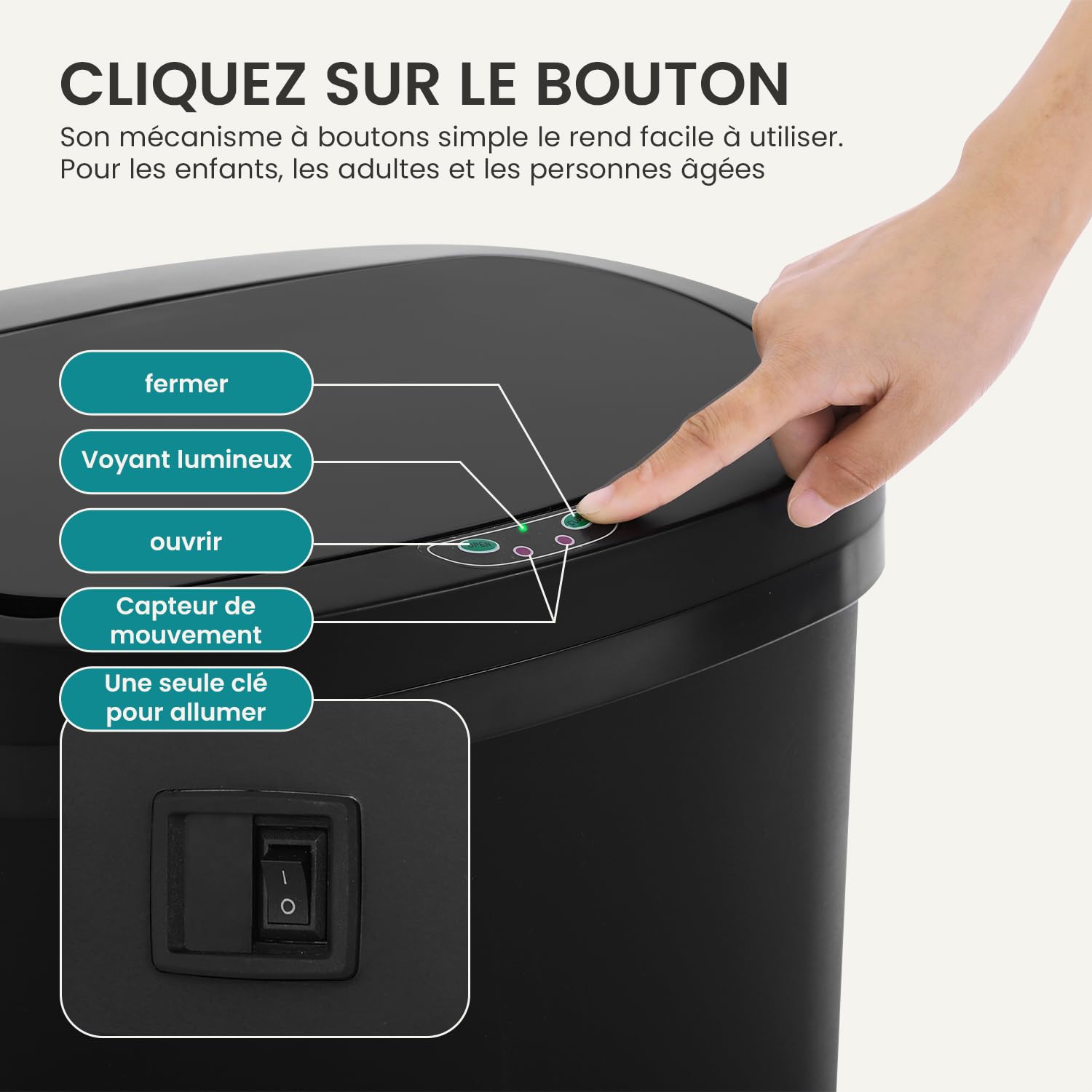 BestOffice | 13 Gallon Trash Can with Lid | Automatic Touchless Garbage Can | Odor Control | Modern Oval Design | Easy to Clean | TLastic | Black | Fits Any Kitchen, Bathroom, Office or Home