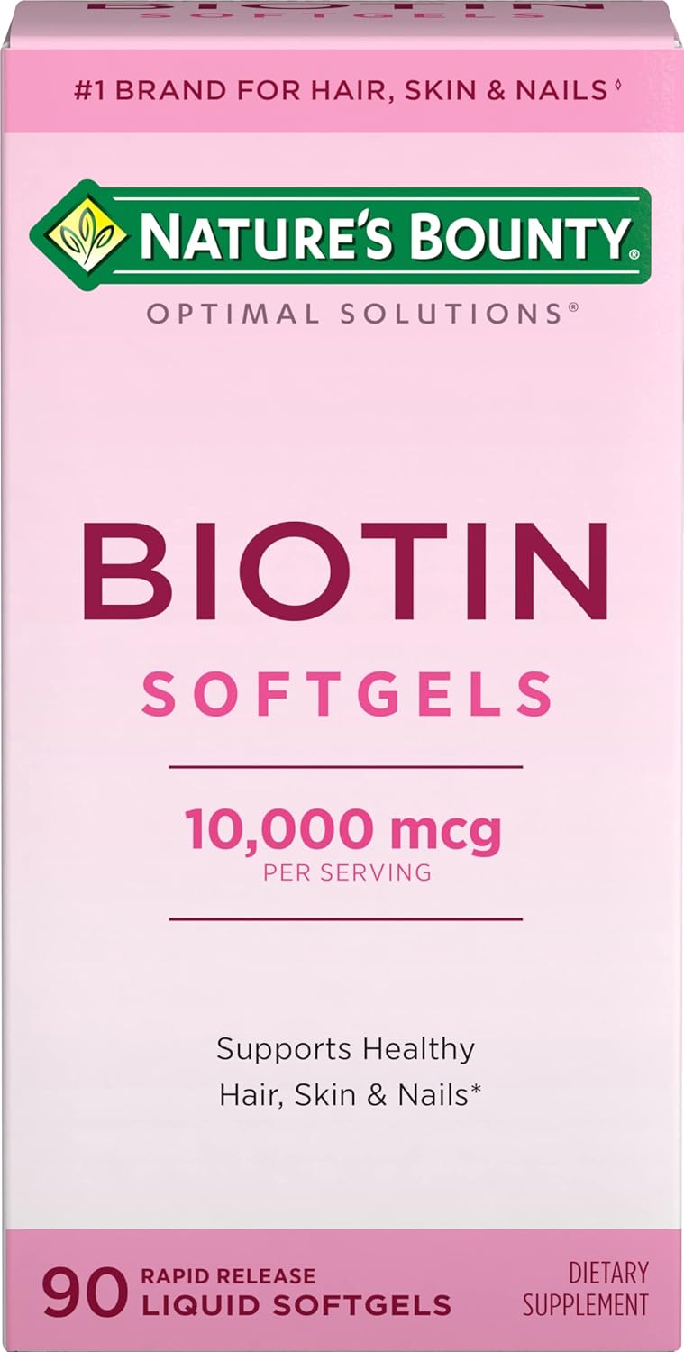 Nature's Bounty Biotin 10000mcg SupTLement, Supports Healthy Hair, Skin and Nails, Optimal Solutions Hair Vitamin with Biotin, 90 Rapid Release Liquid Softgels