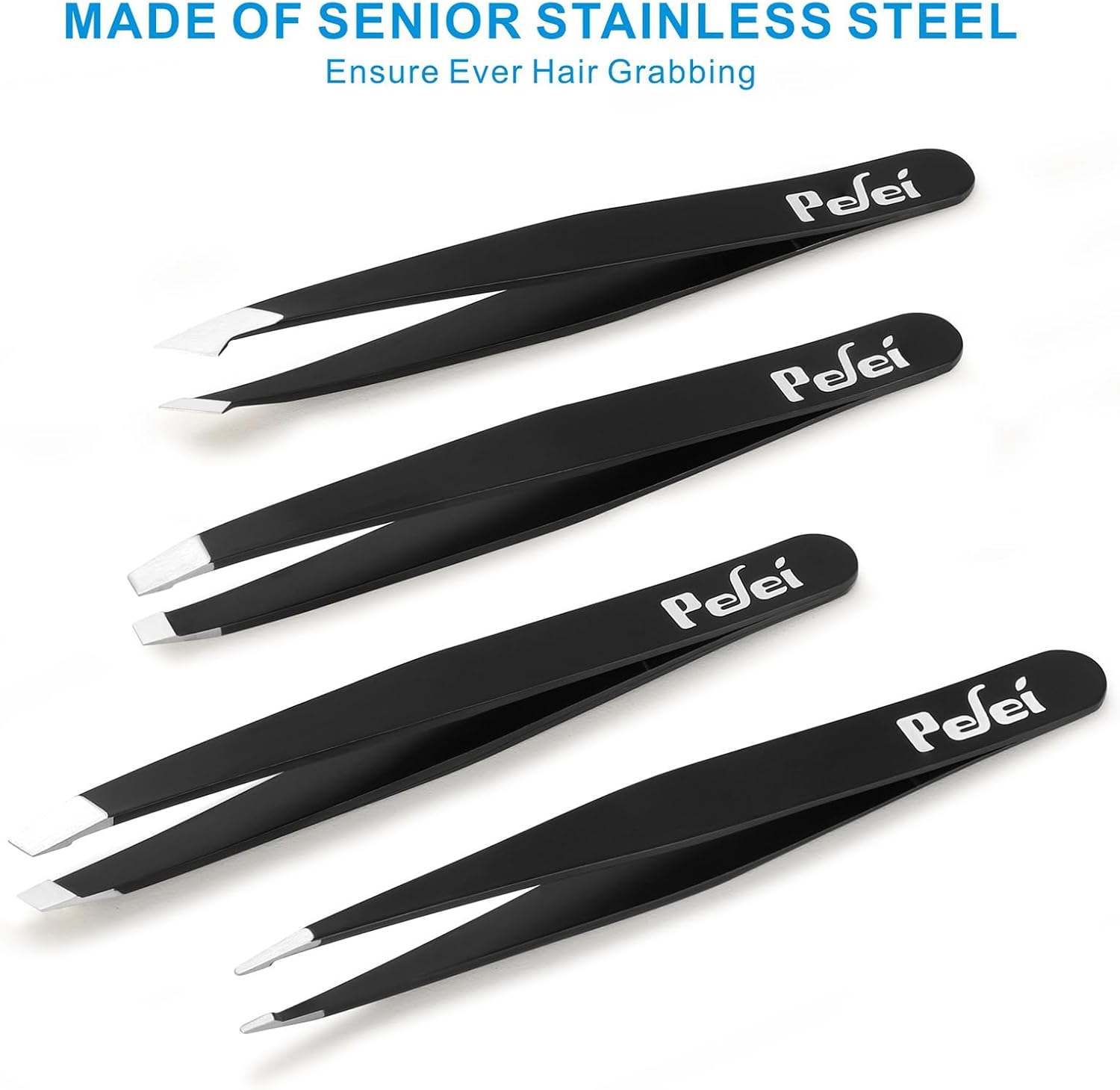 Pefei Tweezers Set - Professional Stainless Steel Tweezers for Eyebrows - Great Precision for Facial Hair, STLinter and Ingrown Hair Removal (Black)
