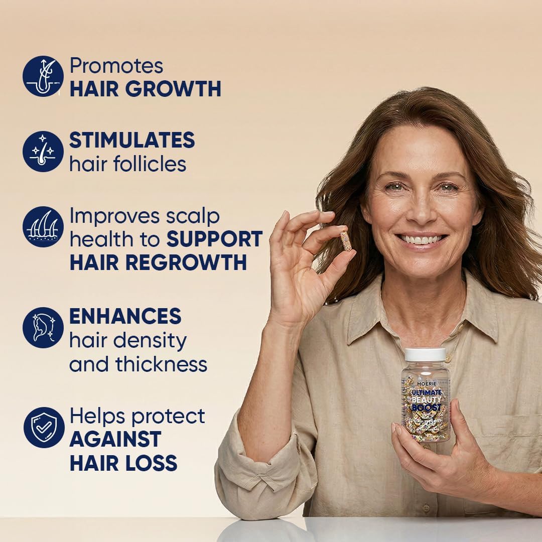 Moerie Ultimate Hair Growth Supplements for Women & Men - Hair, Skin, Nails Vitamins with Biotin & Minerals for Hair Health - Thicker Hair - 60 Capsules