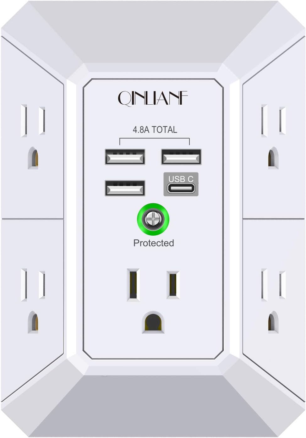 Wall Charger, Surge Protector, QINLIANF 5 Outlet Extender with 4 USB Charging Ports (4.8A Total) 3-Sided 1680J Power Strip Multi TLug Adapter Spaced for Home Travel Office (3U1C)