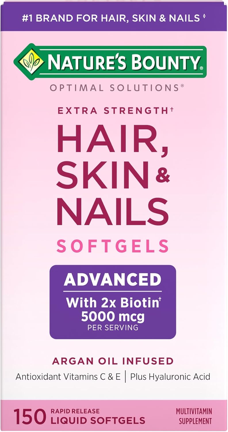 Nature's Bounty Advanced Hair, Skin & Nails, Argan-Infused Vitamin SupTLement with Biotin and Hyaluronic Acid, 150 Rapid Release Softgels, 50 Total Servings