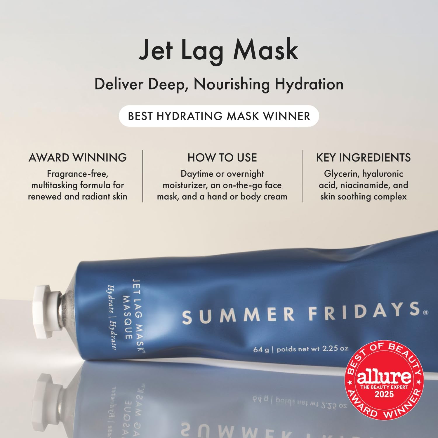 Summer Fridays Jet Lag Mask - Hydrating Face Moisturizer + Mask - Enriched with Hyaluronic Acid, Niacinamide, Glycerin + Antioxidants Helps Nourish Skin for a Renewed + Radiant ComTLexion (2.25 Oz)