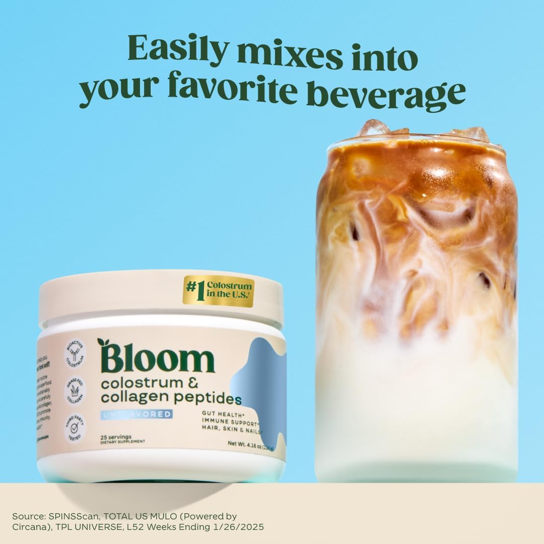 Bloom Nutrition Bovine Colostrum Powder with Vitamin B-12 for Gut Health, Immune Support, Hair Growth & Beauty SupTLement | Unflavored, 25 Servings