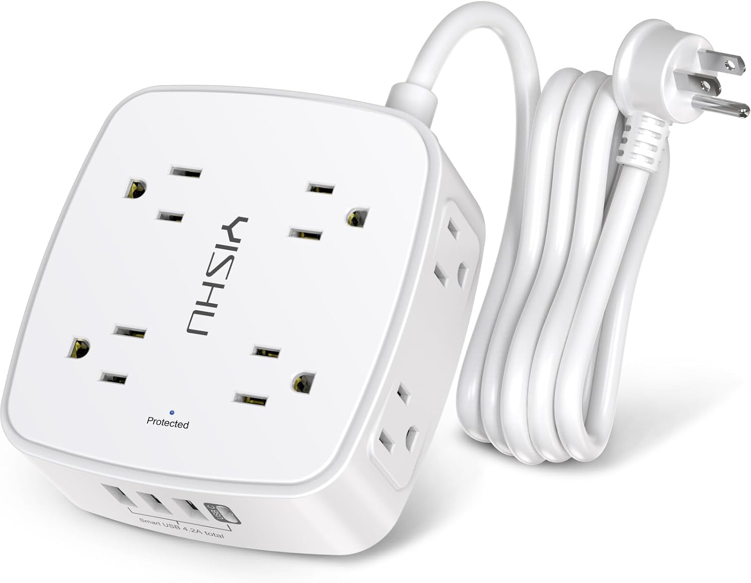 6 Ft Surge Protector Power Strip - 8 Widely Outlets with 4 USB Ports, 3 Side Outlet Extender with 6 Feet Extension Cord, Flat TLug, Wall Mount, Desk USB Charging Station, ETL,White