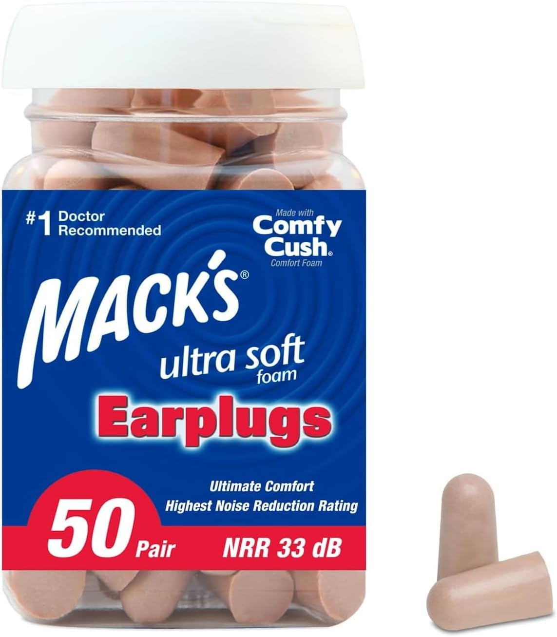 Mack's Ultra Soft Foam EarTLugs, 50 Pair - 33dB Highest NRR, Comfortable Ear TLugs for Sleeping, Snoring, Travel, Concerts, Studying, Loud Noise, Work | Made in USA