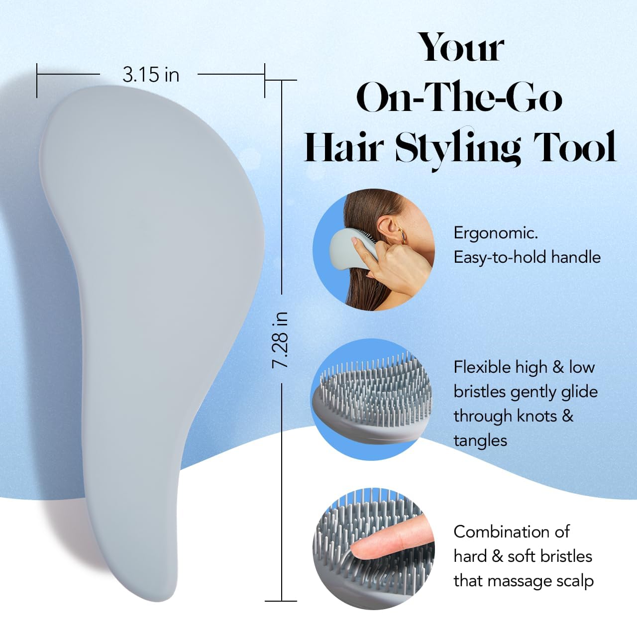 Kitsch Detangler Brush – Gentle Curly Hair Brush with Flexible Bristles for All Hair Types - Wet or Dry | Detangling Hair Brushes for Women & Men, Hairbrush for Adults & Kids - Haze Blue