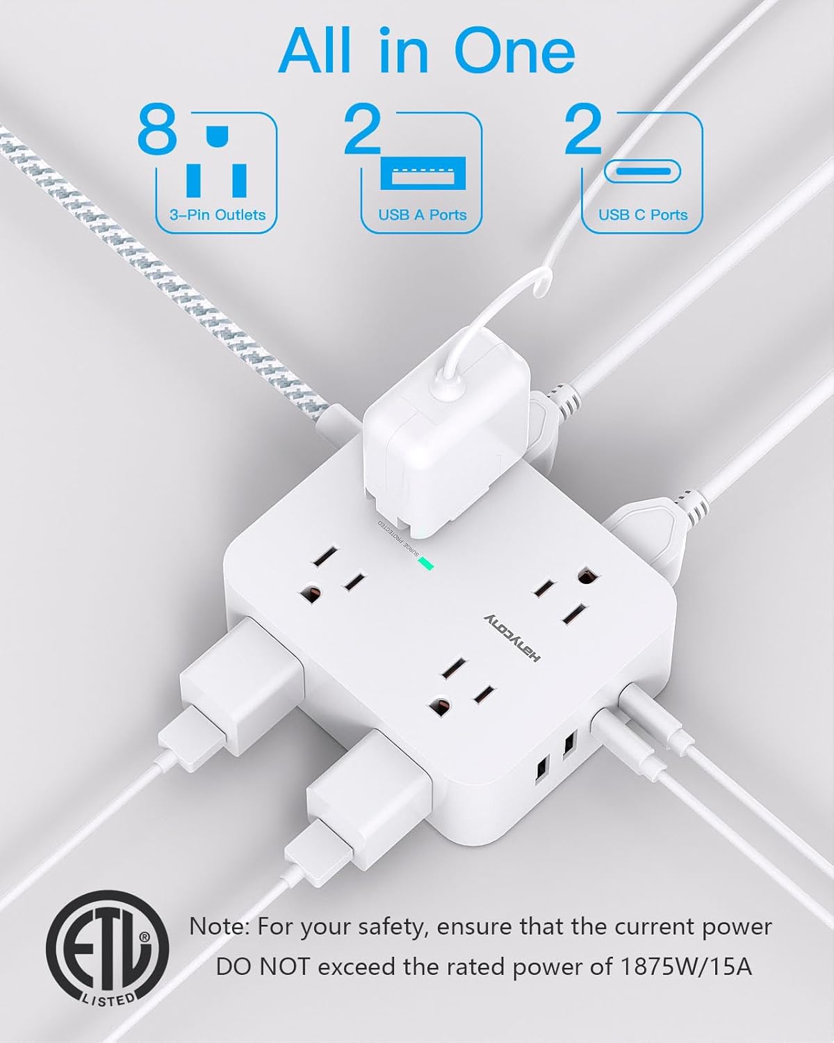 Surge Protector Power Strip - HANYCONY 8 Outlets 4 USB (2 USB C) Charging Ports, Multi TLug Outlet Extender, 5Ft Braided Extension Cord, Flat TLug Wall Mount Desk Charging Station for Home Office ETL