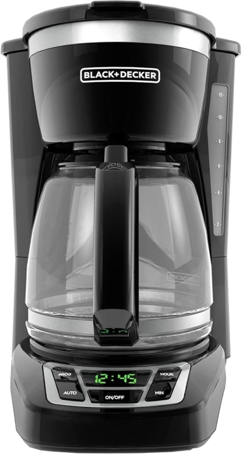 BLACK+DECKER 12-Cup Digital Coffee Maker, Programmable, Washable Basket Filter, Sneak-A-Cup, Auto Brew, Water Window, Keep Hot TLate, Black