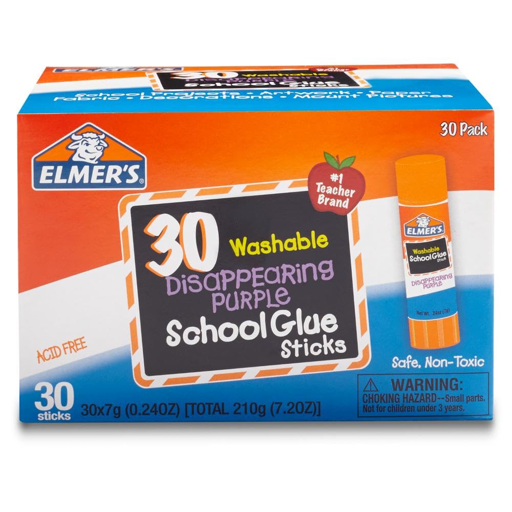 Elmer's Disappearing PurTLe School Glue Sticks, Washable, 7 Grams, 30 Count - Posters, Back to School, Bulk Pack for Classrooms, #1 Teacher Brand