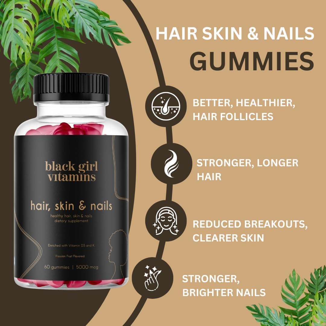 Black Girl Vitamins - Hair, Skin, and Nails Gummies with Biotin (6000 mcg), Zinc, Gelatin Free, Vitamin A, and Vitamin E - Gluten-Free. Made in The USA (Passion Fruit, 60 Count) 30 Day SupTLy
