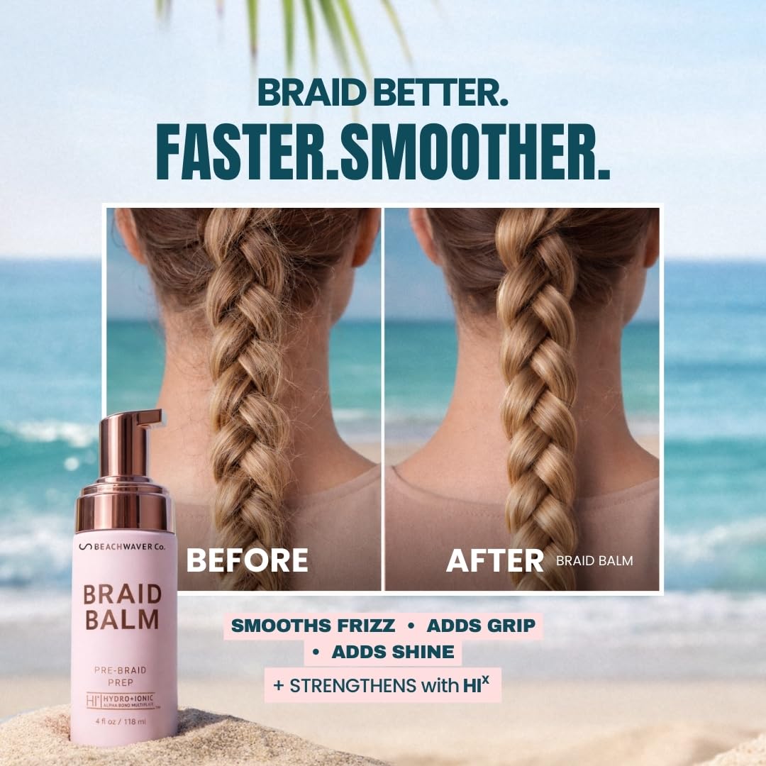 The Beachwaver Co. Braid Balm Pre-Braid Prep - Full Size (4 Fl Oz) | Frizz-Taming Primer Foam | Strengthen and Reduce Flyaways w/HiX Vegan Bond MultiTLiers - For All Hair Types | Bondi Beach Day
