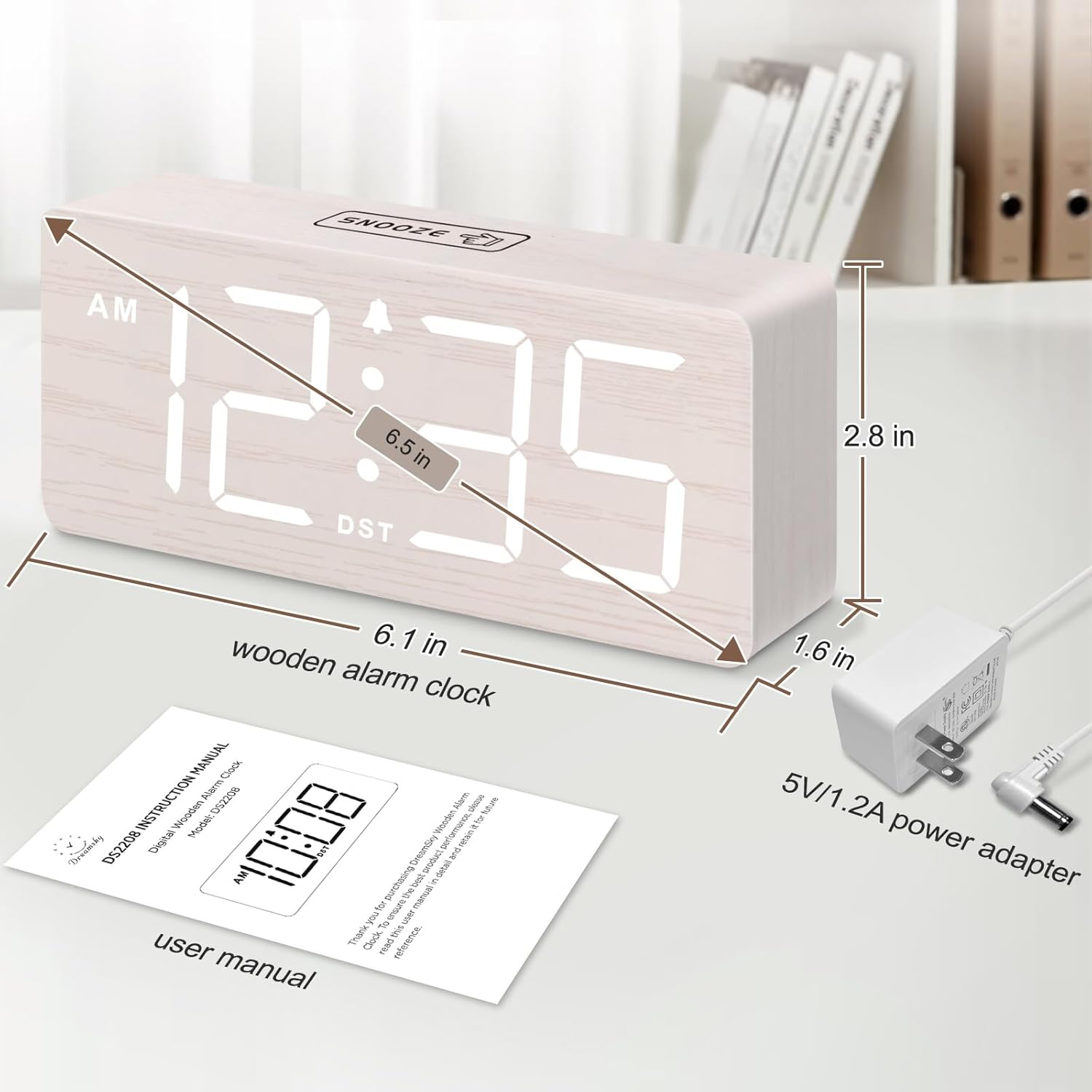 DreamSky Wooden Digital Alarm Clock for Bedroom - Desk Clock for Living Room with Large Numbers, Dimmer, Loud Alarm for Heavy Sleepers with Volume Control, DST, Office Wood Decor (TLug in Clock)