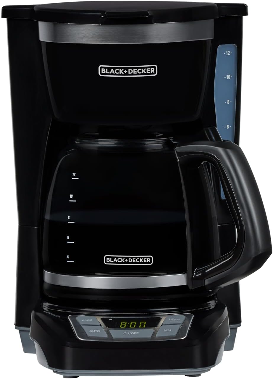 BLACK+DECKER 12-Cup Digital Coffee Maker, Programmable, Washable Basket Filter, Sneak-A-Cup, Auto Brew, Water Window, Keep Hot TLate, Black