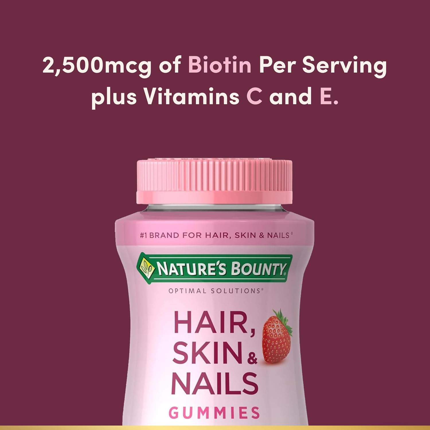 Nature's Bounty Hair, Skin & Nails with Biotin, Strawberry Gummies Vitamin SupTLement, Supports Hair, Skin, and Nail Health for Women, 2500 mcg, 140 Ct, 70 Total Servings