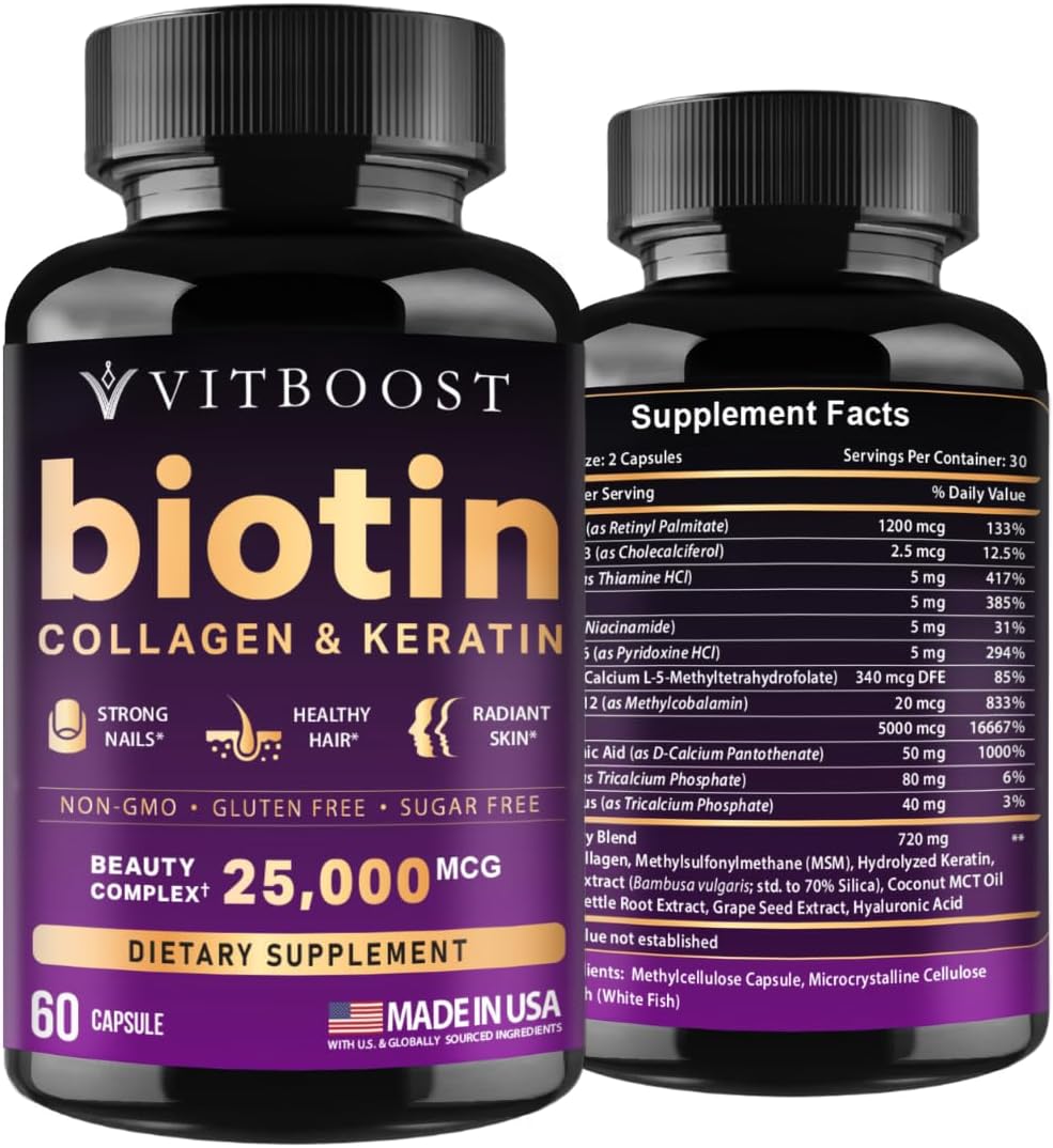 VITBOOST Biotin with Hyaluronic Acid, Collagen and Keratin – 25000 mcg Hair Growth Vitamins for Men and Women – Nails and Skin, USA Made - Third Party Tested, B1, B2, B3, B6, B7 ComTLex - 60 Capsules