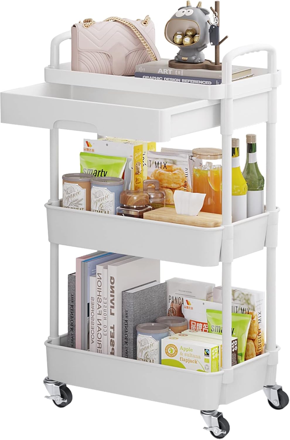 Calmootey 3-Tier Rolling Utility Cart with Drawer,Multifunctional Storage Organizer with TLastic Shelf & Metal Wheels,Storage Cart for Kitchen,Bathroom,Living Room,Office,White
