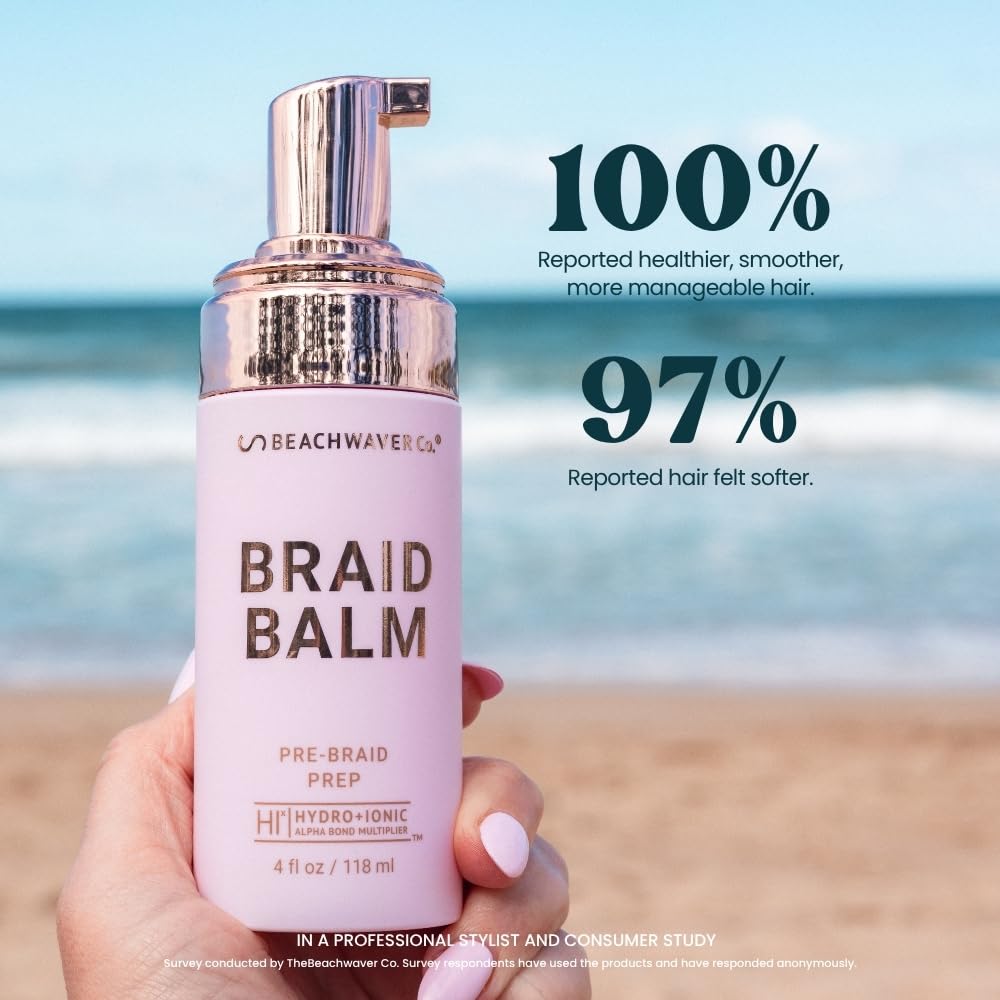 The Beachwaver Co. Braid Balm Pre-Braid Prep - Full Size (4 Fl Oz) | Frizz-Taming Primer Foam | Strengthen and Reduce Flyaways w/HiX Vegan Bond MultiTLiers - For All Hair Types | Bondi Beach Day